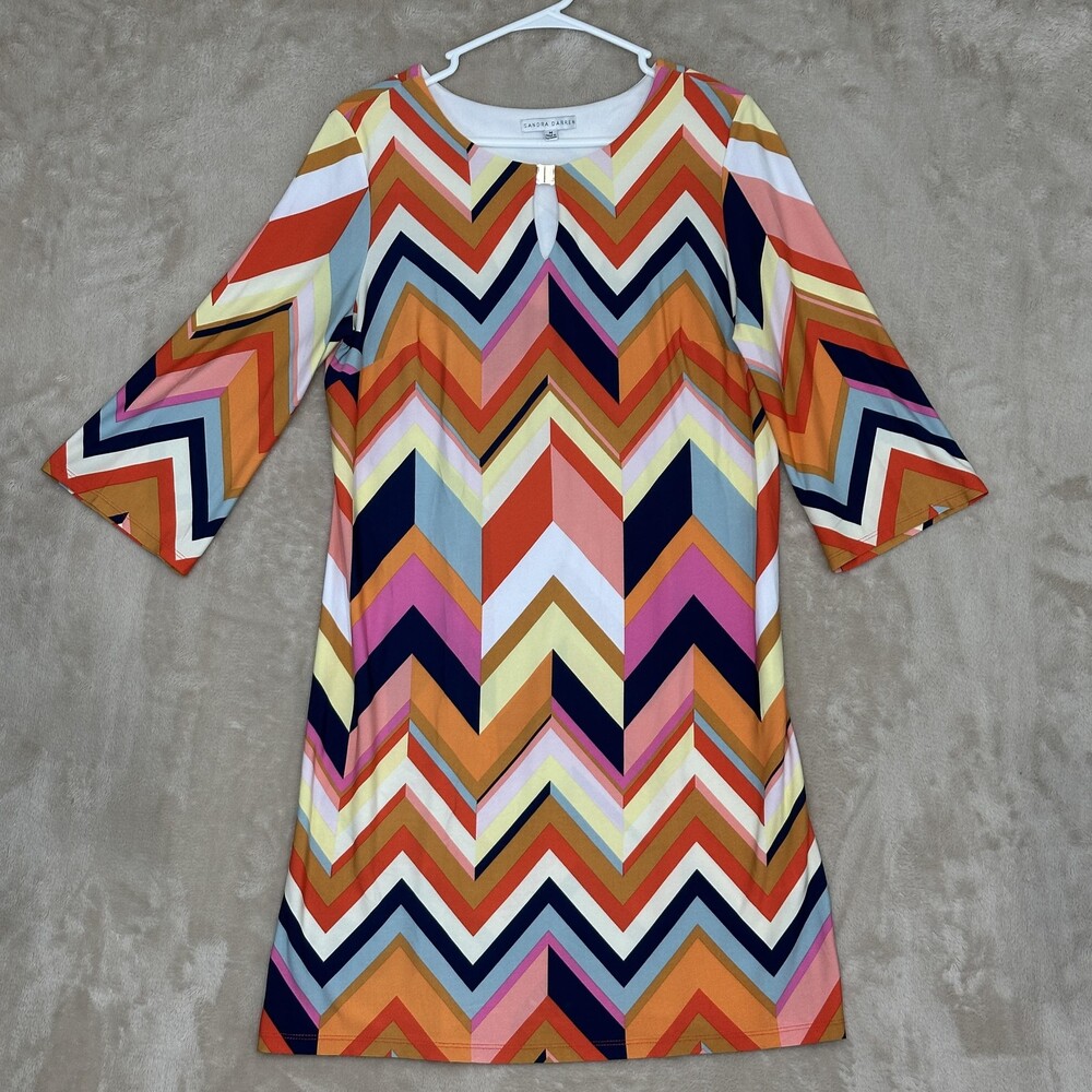Sandra Darren Dress Womens Medium Multicolor Chevron Shift 3/4 Sleeve Work